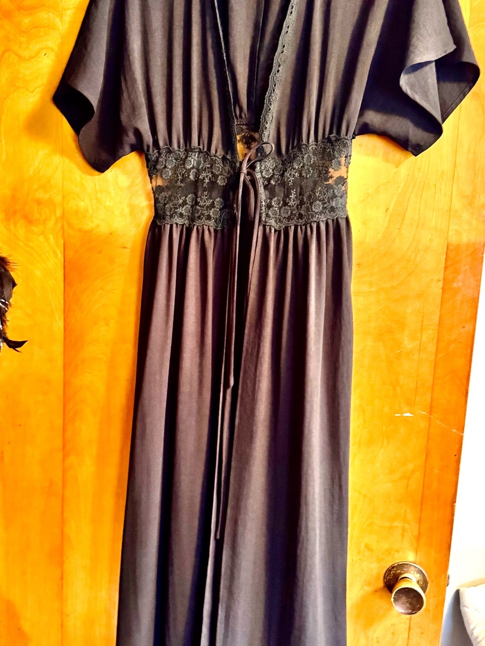 Elegant Black Maxi Kimono/Robe/Duster with Lace Waist